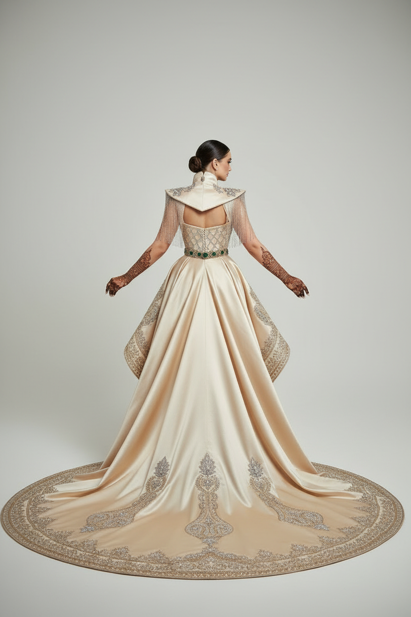 Çıkarmalı Kuyruklu Saten Kaftan — Arkadan