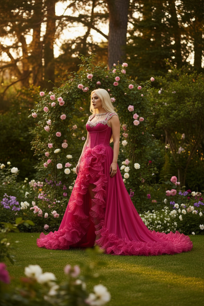 Magenta Gown in Garden Setting