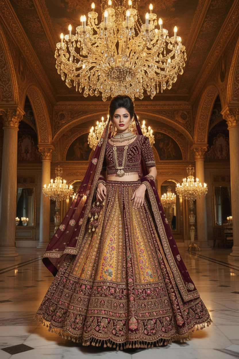Kadife Gelin Lehenga Seti – Çift Dupatta | Hindistan Dükkan