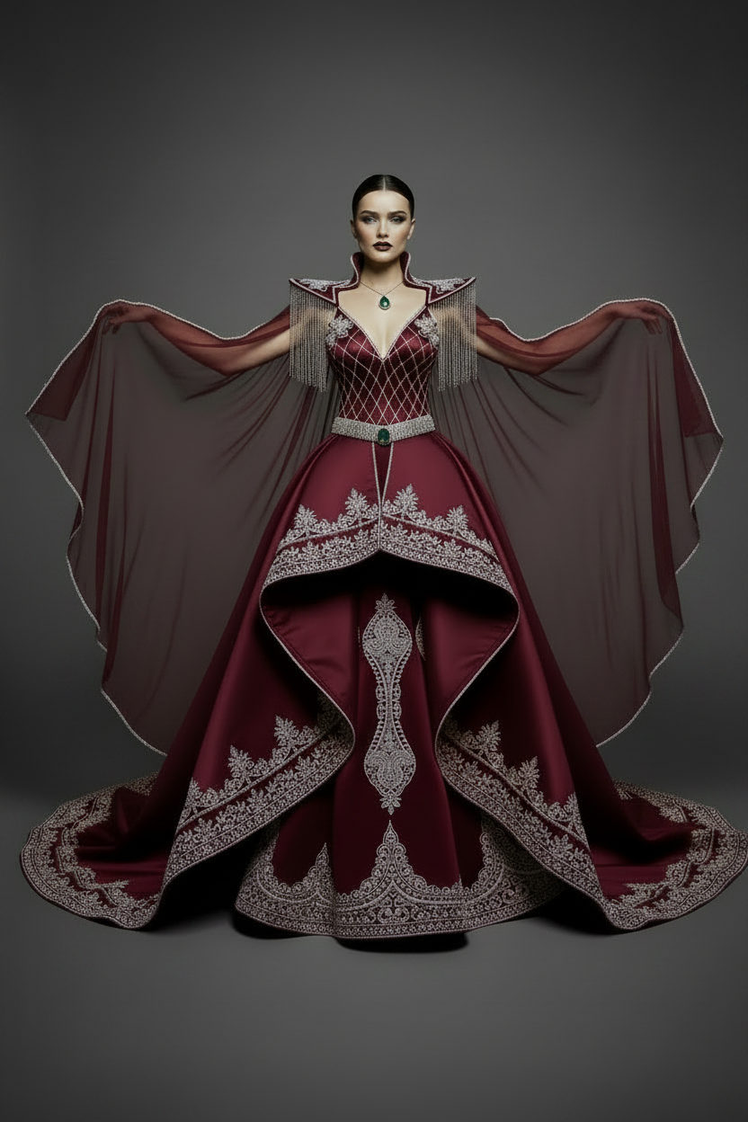 Pelerinli Bordo Kaftan - Gümüş İşleme