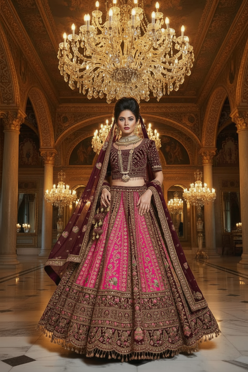 Kadife Gelin Lehenga Seti – Çift Dupatta | Hindistan Dükkan